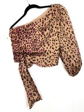 NWOT Express Leopard Satin Brown Pink One Shoulder‎ Top Tie Front XS